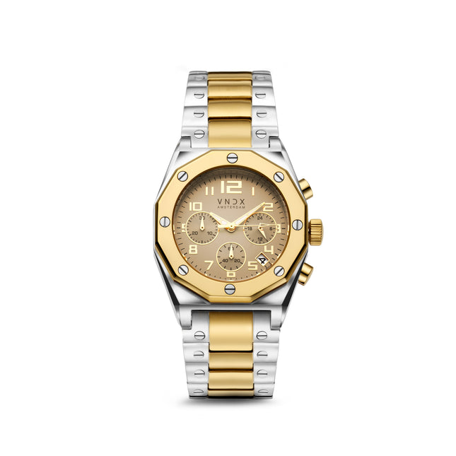 Dames horloge met zilver gouden kast en een zilver gouden band