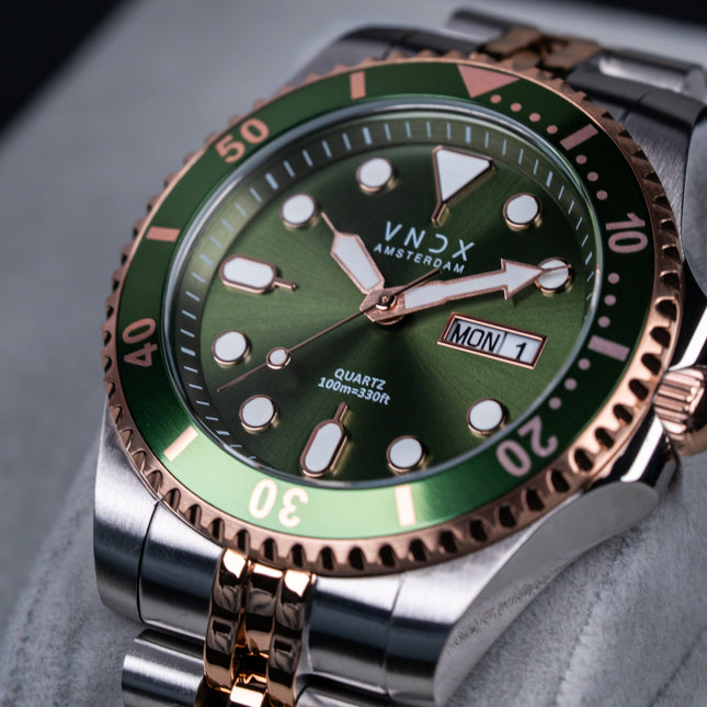 Heren horloge met zilver/rose gouden band en kast