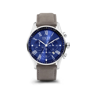 The Boss Blue dial, Gray leather strap