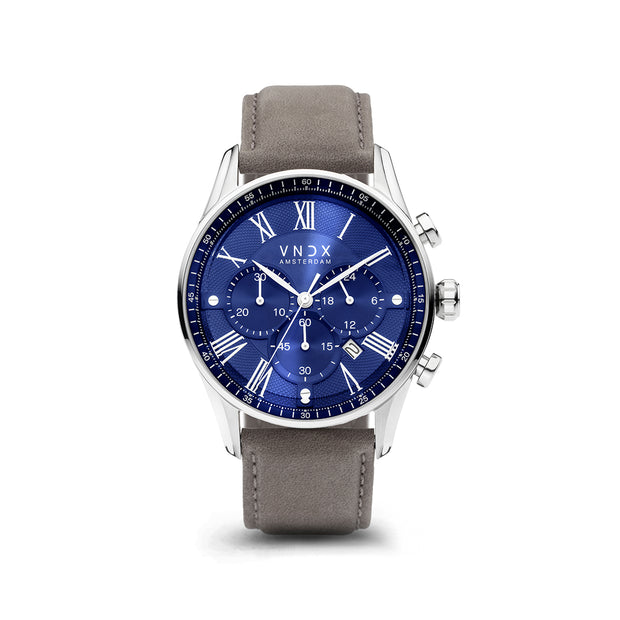 The Boss Blue dial, Gray leather strap
