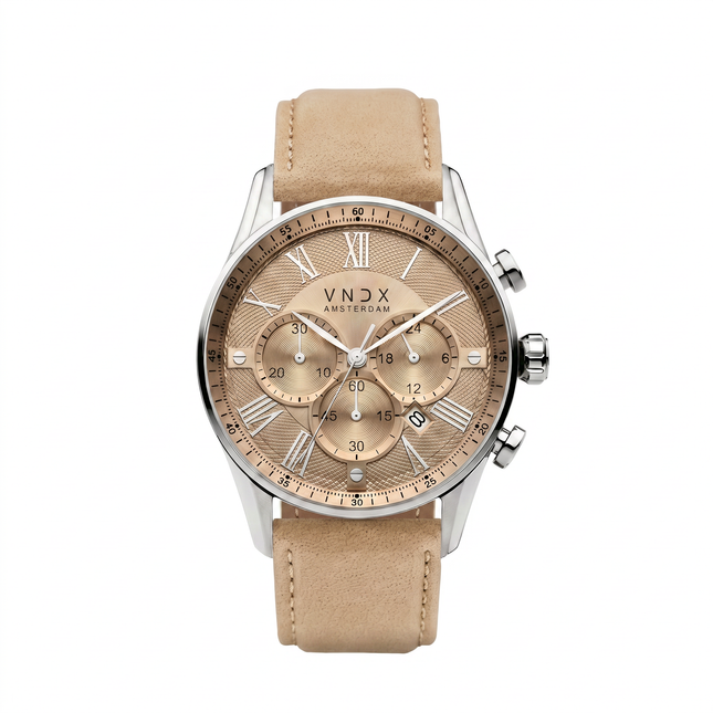 Zilveren heren horloge met leren band