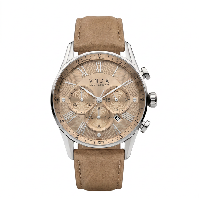 Zilveren heren horloge met lederen band