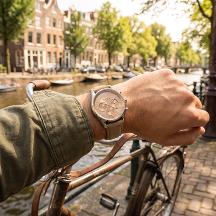 Zilveren heren horloge met leren band sfeerbeeld