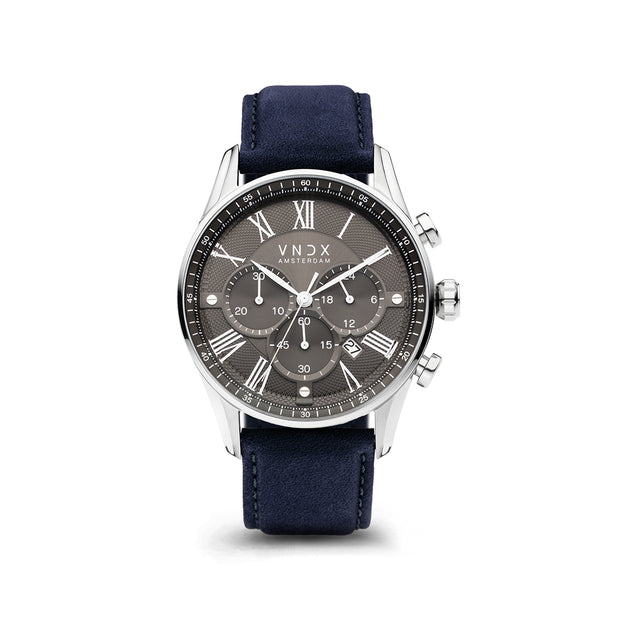 The Boss Gray dial, Blue leather strap
