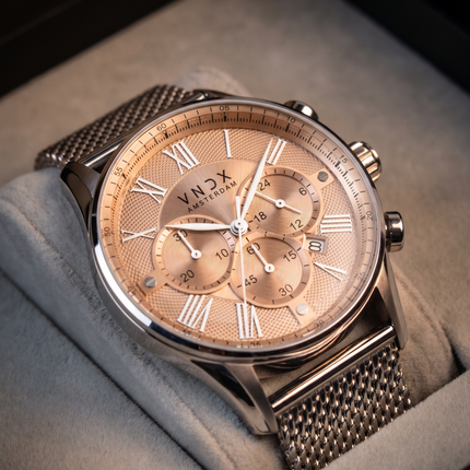 Zilver beige heren horloge met mesh band