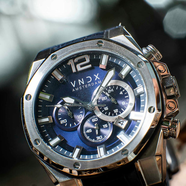 Detailafbeelding Heren horloge Wise Man Blauw Leren band chronograaf