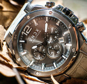 Detailafbeelding VNDX Amsterdam Heren horloge Chronograaf Grijze kast roestvrijstaal leren band