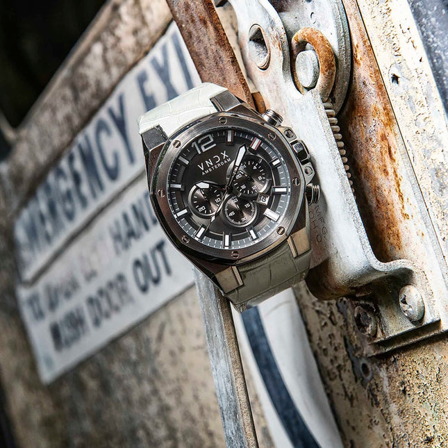 Heren horloge VNDX Amsterdam Wise man, Grijs horloge leren band Chronograaf